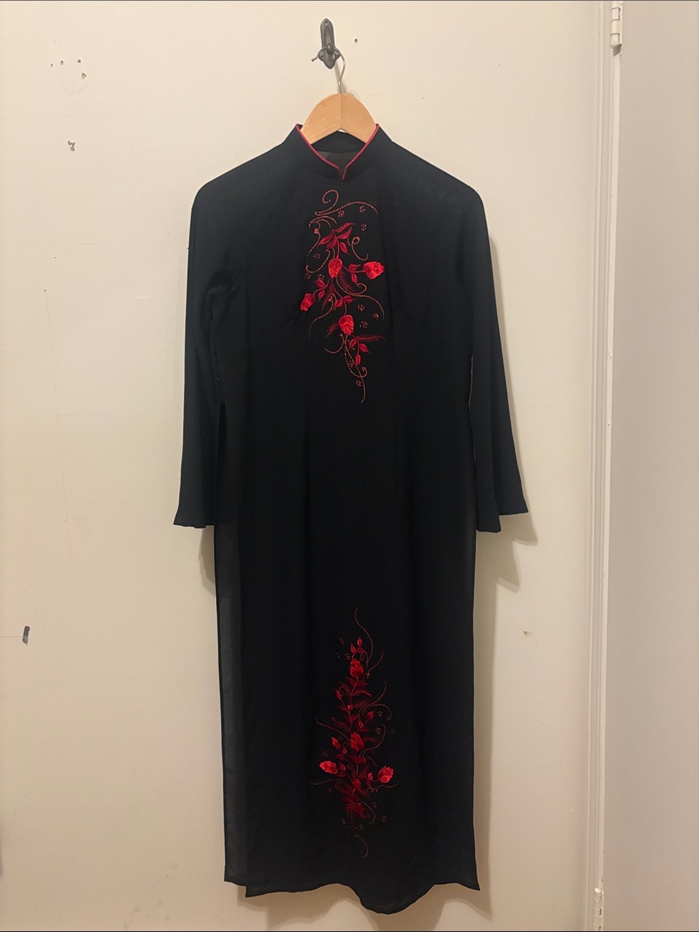 Vintage Vietnamese Ao Dai Asian Sheer Black Dress with Red Floral Embroidery